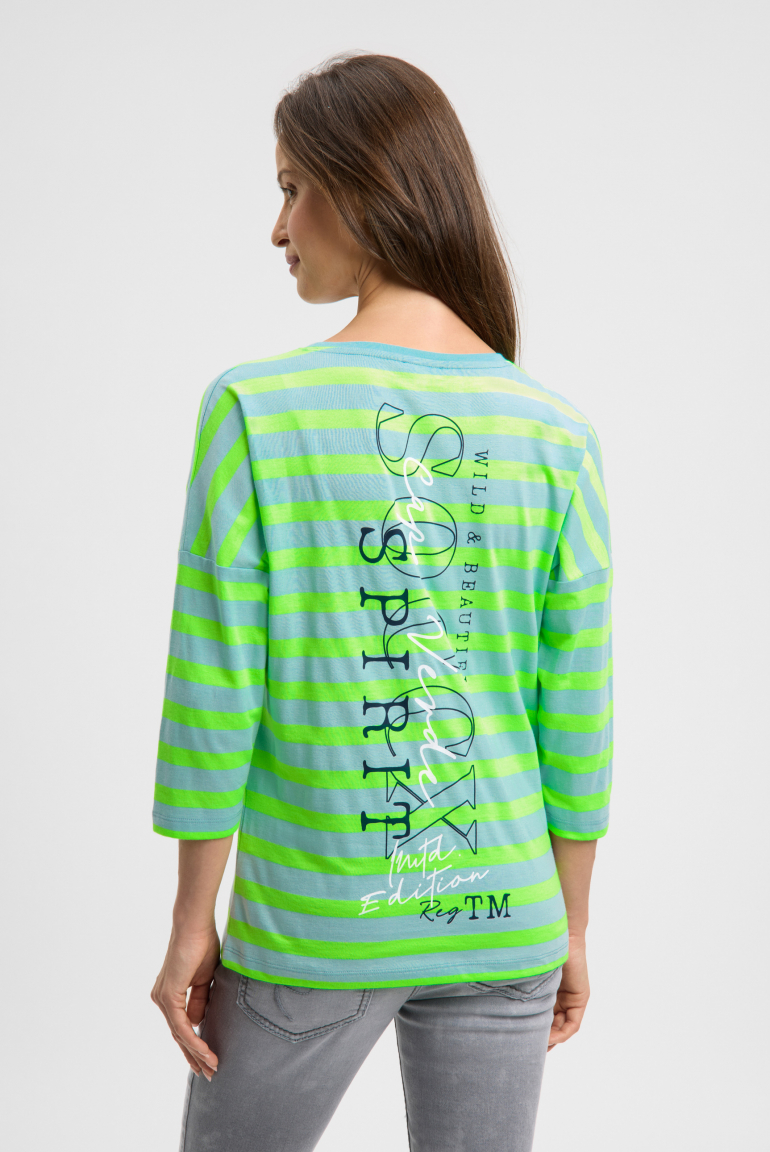 Streifenshirt mit Rücken-Print und 3/4-Ärmeln misty mint / neon leaf