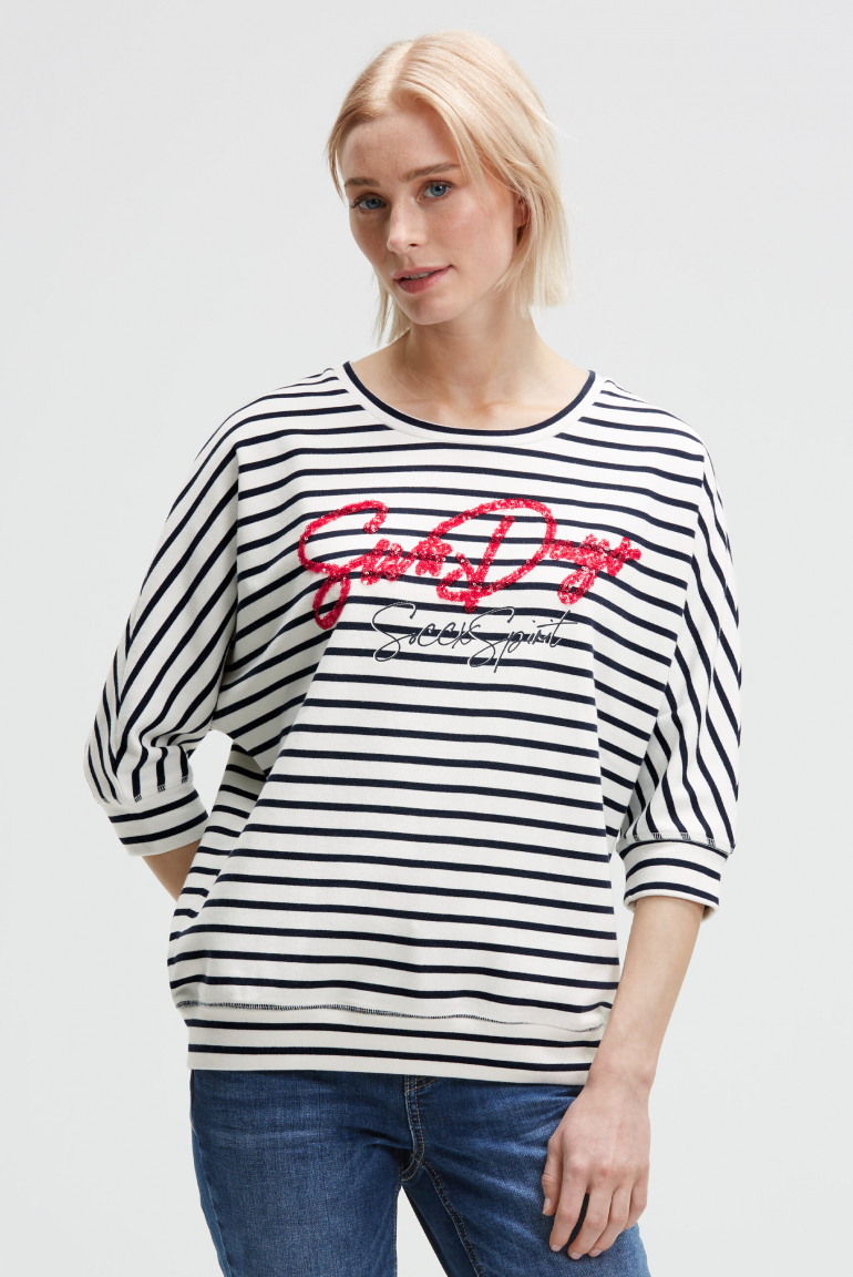 Streifensweatshirt mit Kurzarm und Pailletten-Wording ivory / blue navy