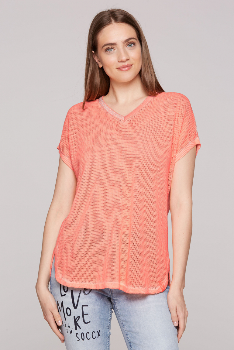 Strickshirt mit Meshstruktur und Rücken-Print electric orange