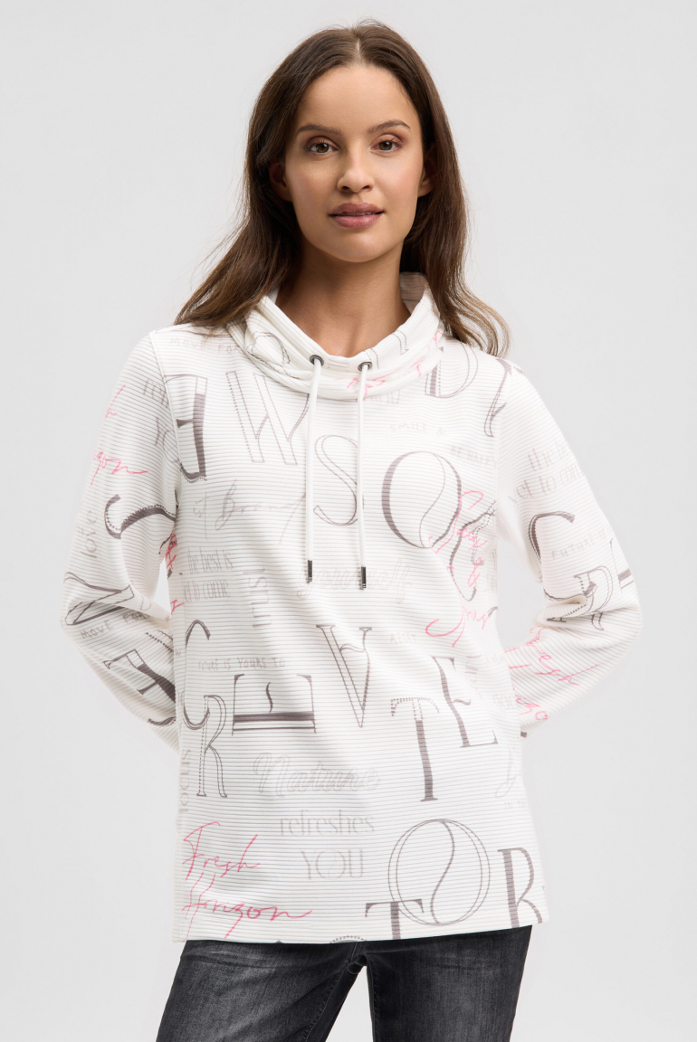 Strukturiertes Sweatshirt mit hohem Kragen und Artwork ivory