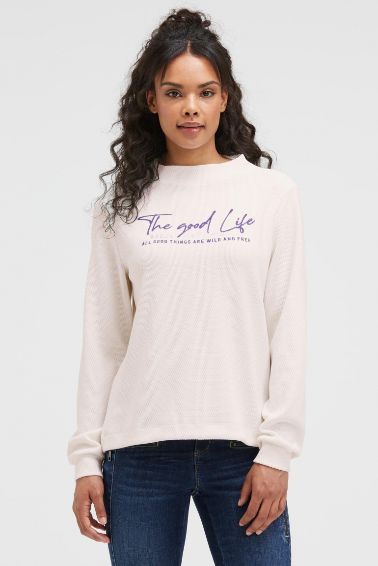 Strukturiertes Sweatshirt mit Stehkragen und Print ivory