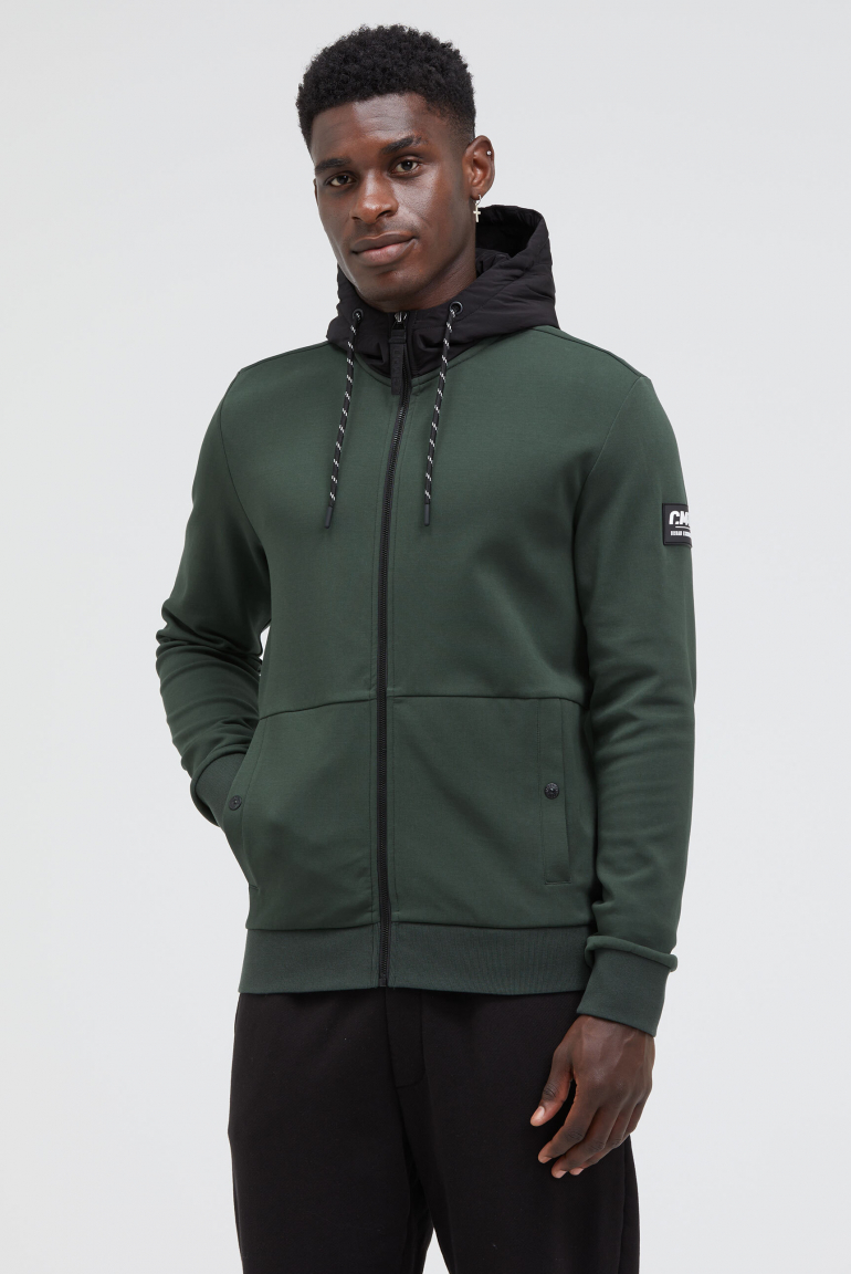 Sweatjacke aus Interlock mit Nylon-Kapuze oliv