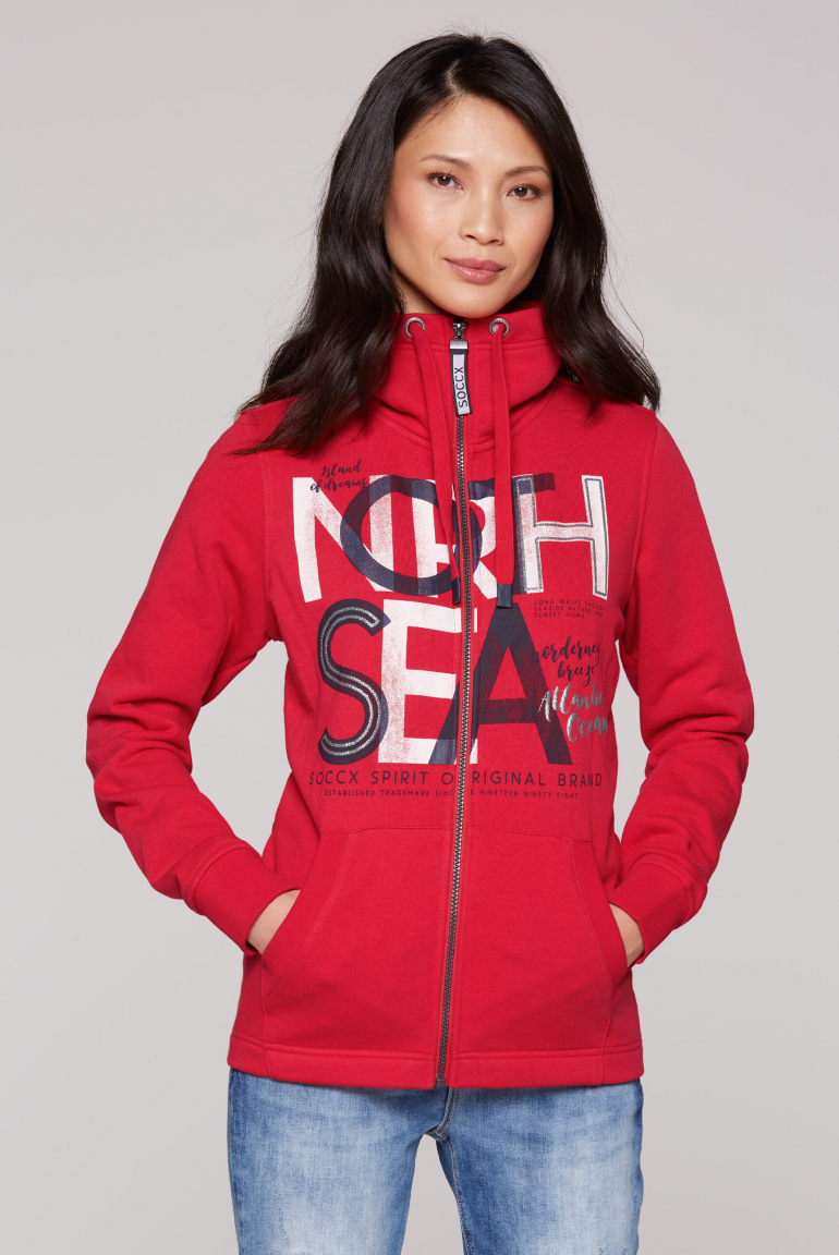 Sweatjacke mit hohem Kragen und Artwork flag red