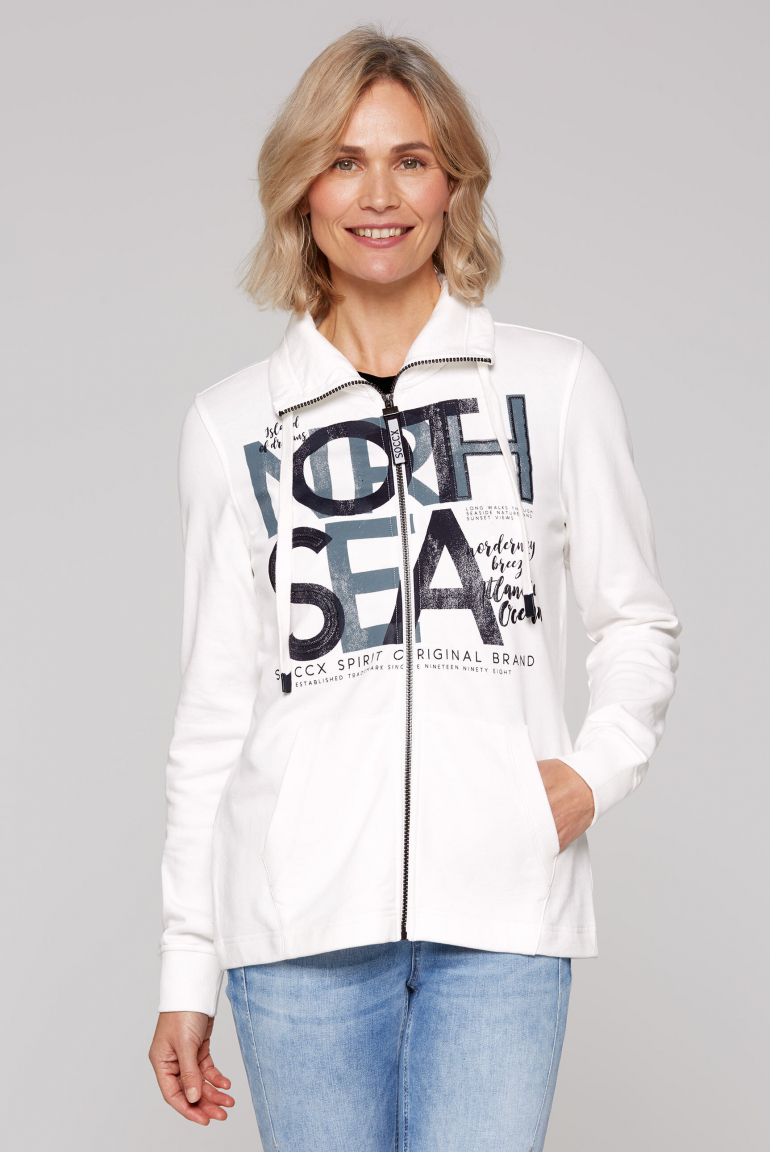 Sweatjacke mit hohem Kragen und Artwork ivory