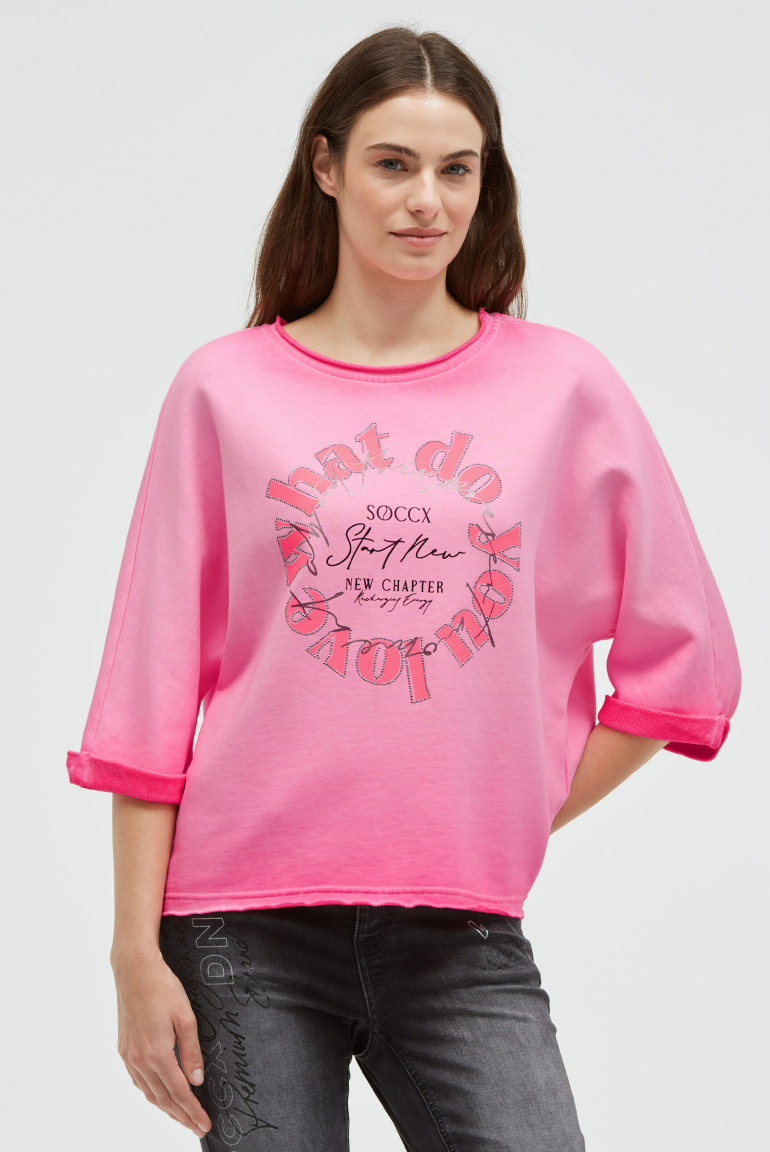 Sweatshirt Oil Dyed mit Kurzarm und Frontprint neon rose
