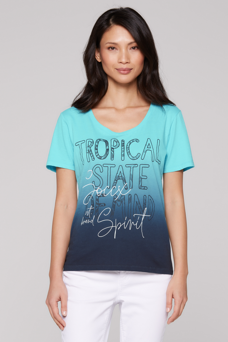T-Shirt Dip Dye mit V-Neck und Artwork blue navy