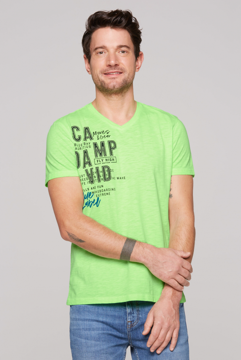 T-Shirt Inside Oil Dyed mit V-Neck und Print neon green