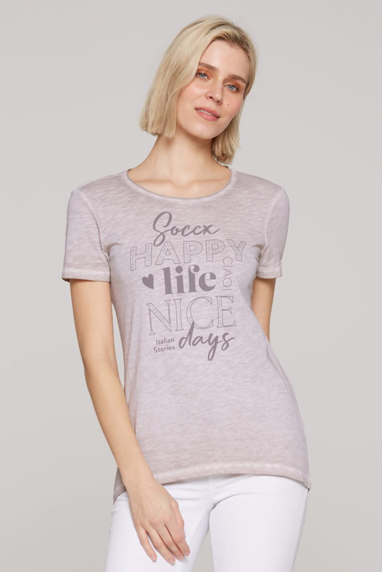 T-Shirt mit Glitter Wording Print pale sand