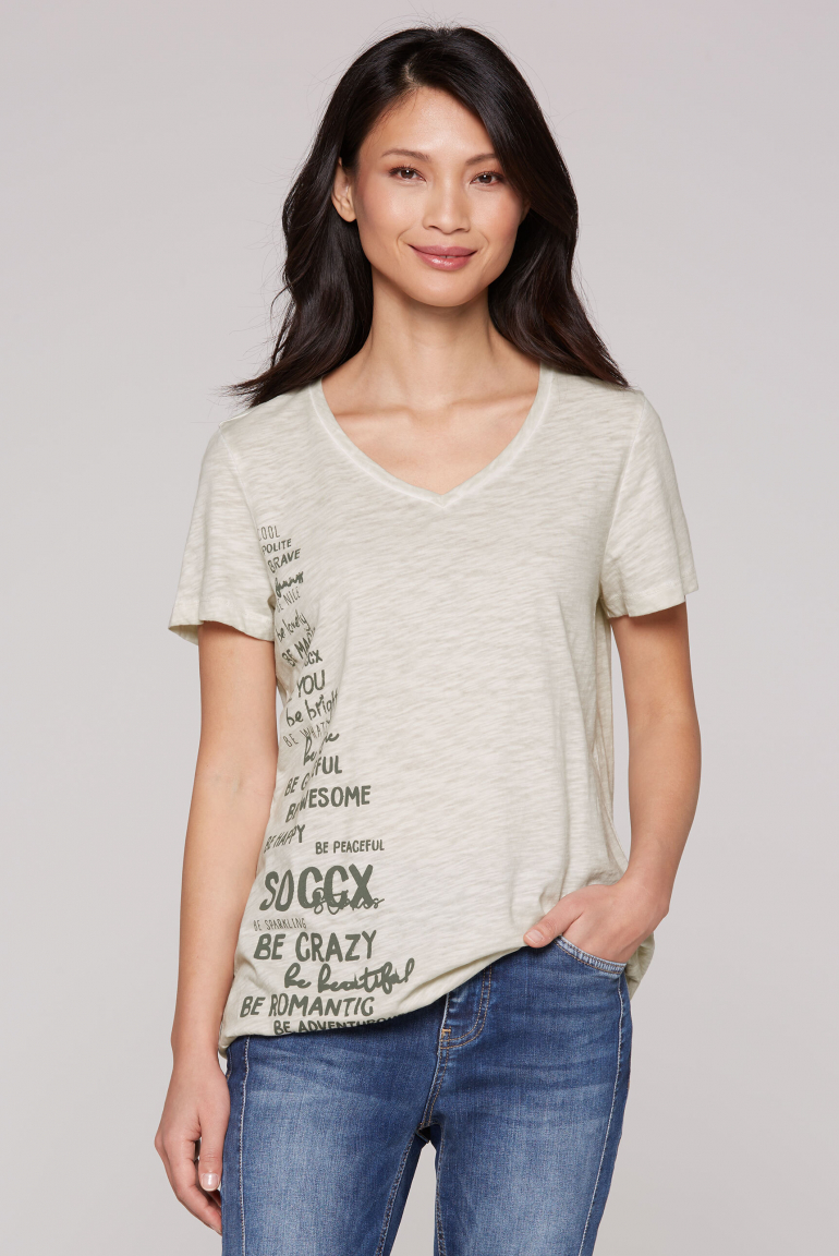T-Shirt mit Gummizugsaum und Label Print silvery