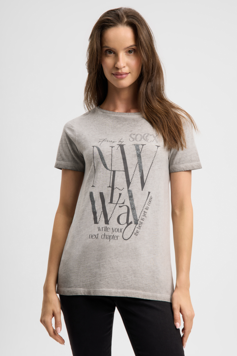T-Shirt mit U-Boot-Ausschnitt und Artwork fresh grey
