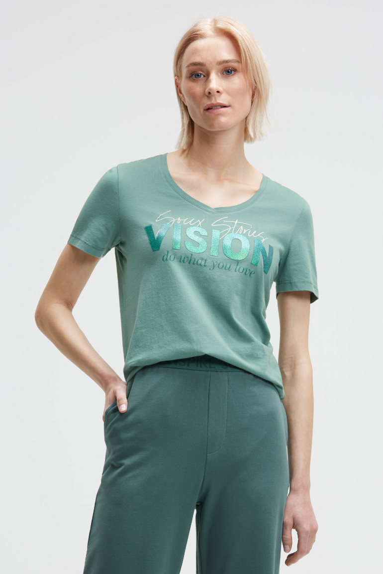 T-Shirt mit V-Ausschnitt und Glitter Print topaz