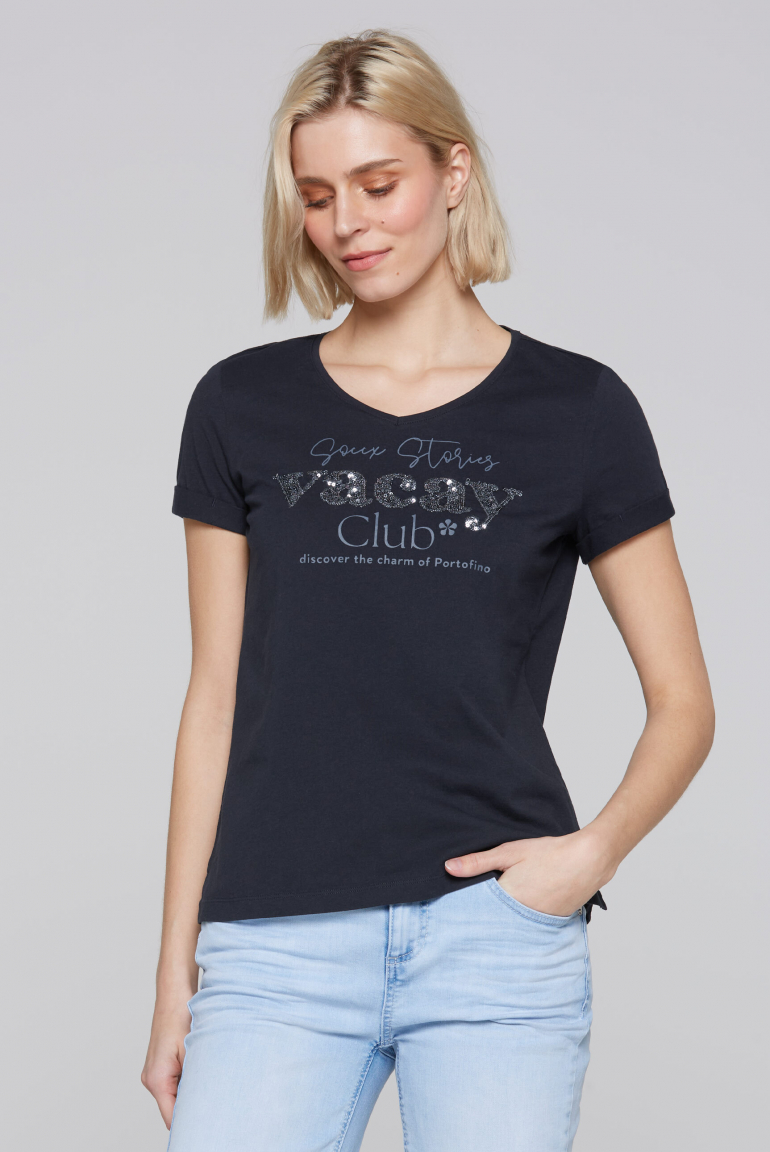 T-Shirt mit V-Ausschnitt und Pailletten-Artwork deep sea