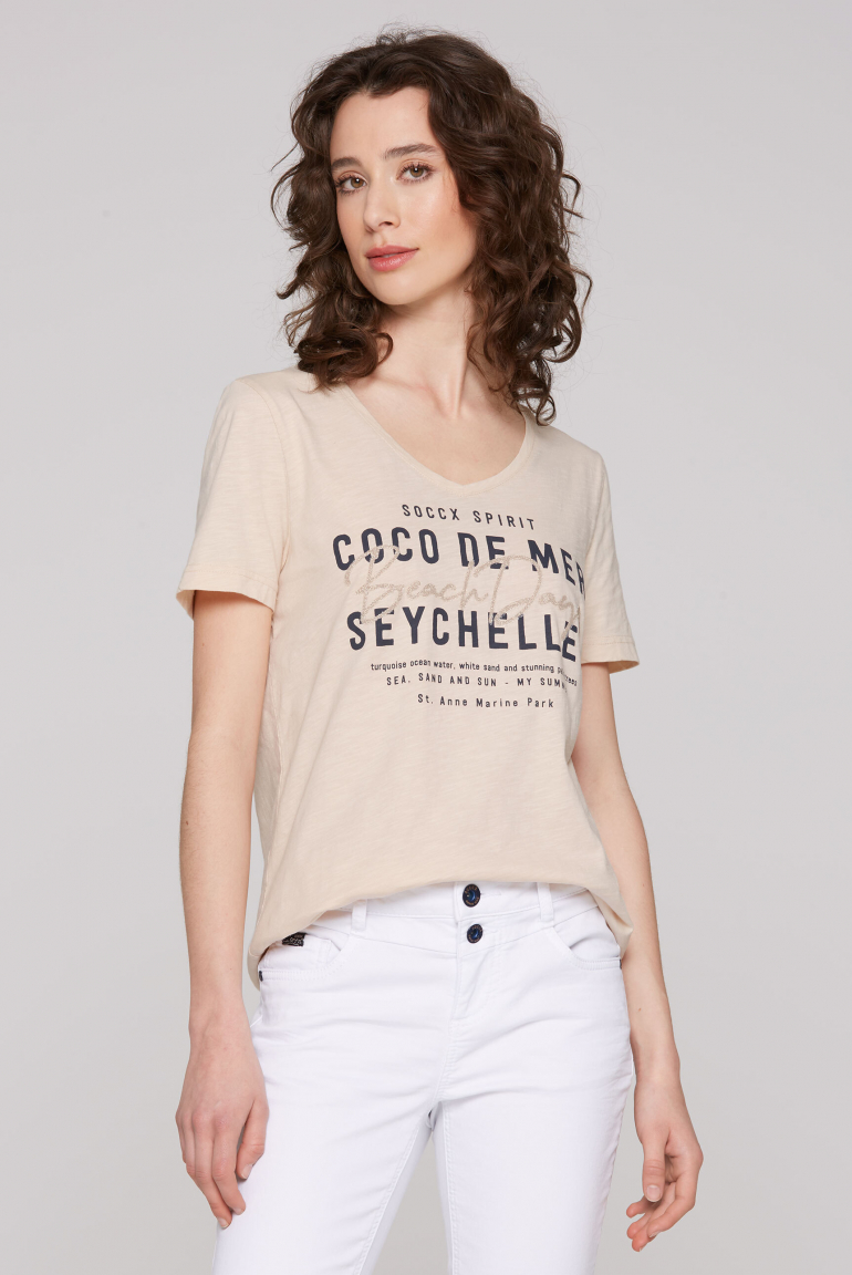 T-Shirt mit V-Neck und Caviar-Print-Wording milky beige