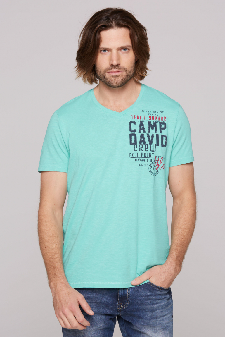 T-Shirt mit V-Neck und Logo Print flash aqua