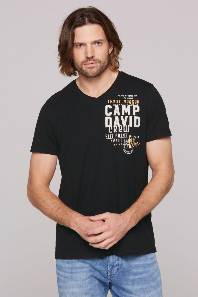 T-Shirt mit V-Neck und Logo Print black