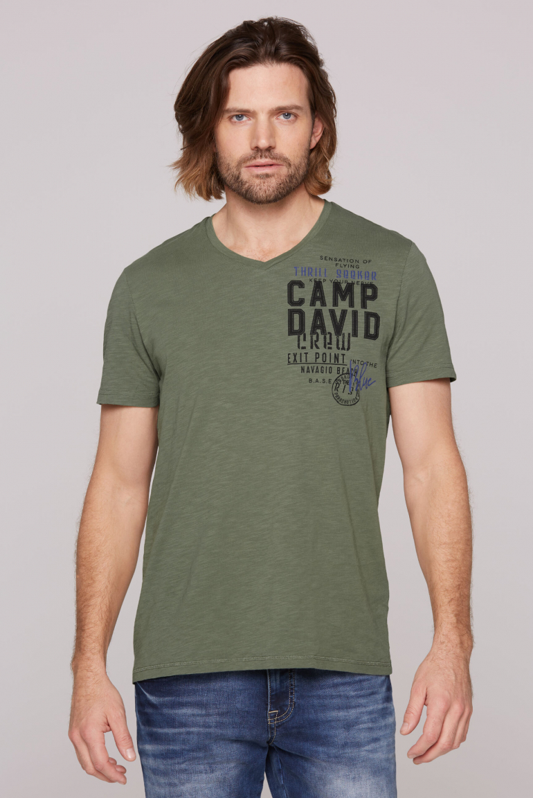 T-Shirt mit V-Neck und Logo Print green olive