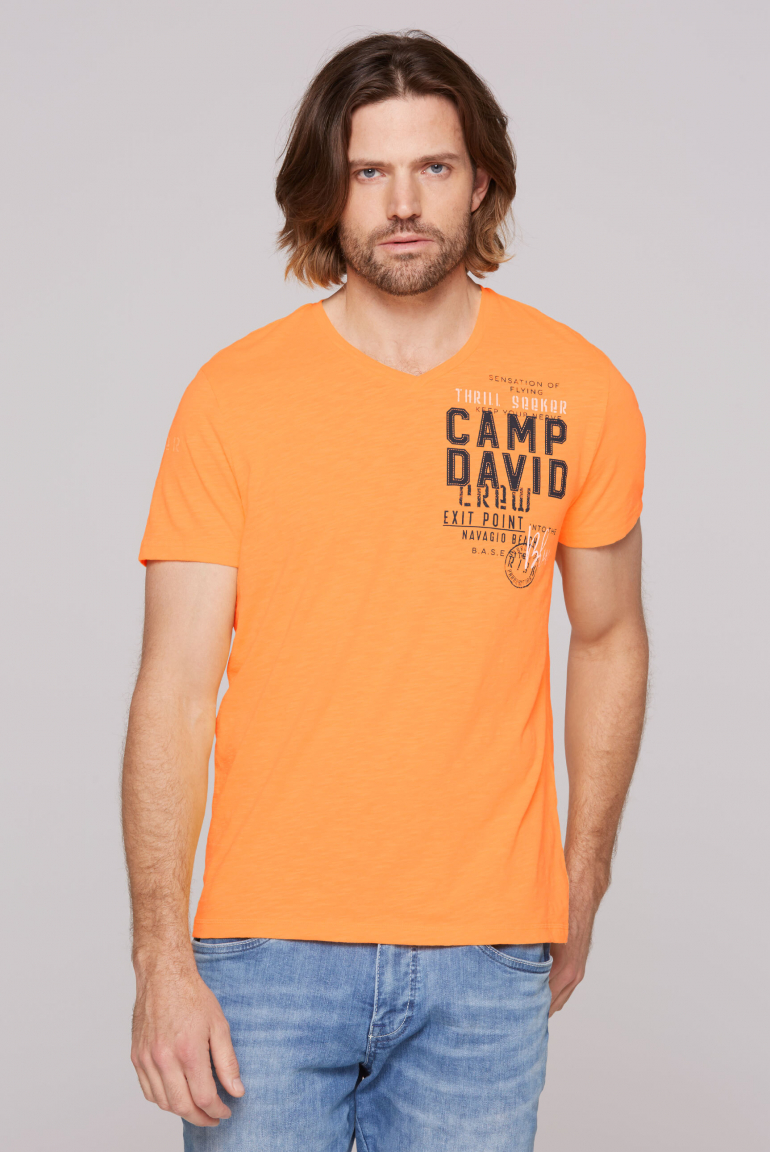 T-Shirt mit V-Neck und Logo Print sunrise neon