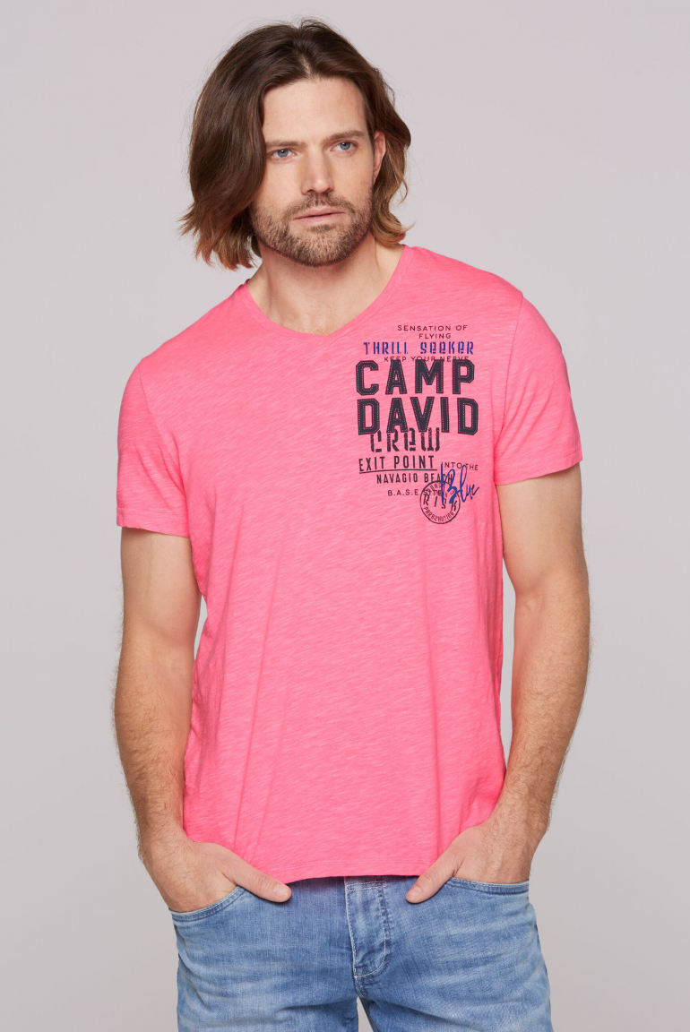 T-Shirt mit V-Neck und Logo Print neon pink