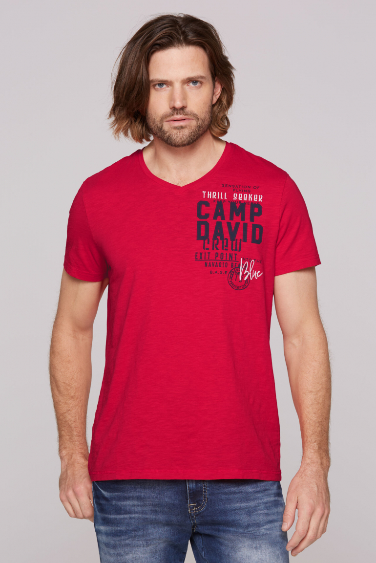 T-Shirt mit V-Neck und Logo Print speed red