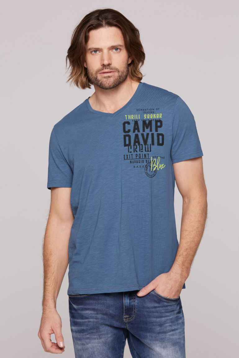 T-Shirt mit V-Neck und Logo Print wave blue