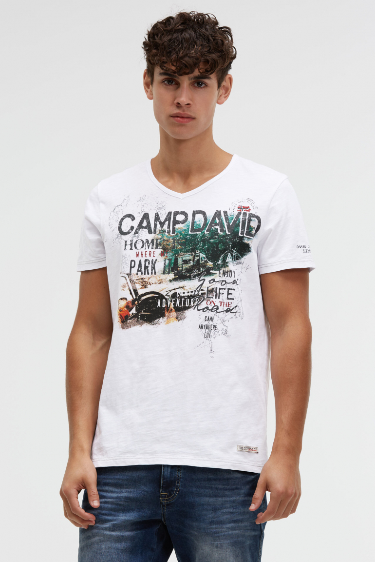 T-Shirt mit V-Neck und Photoprint offwhite