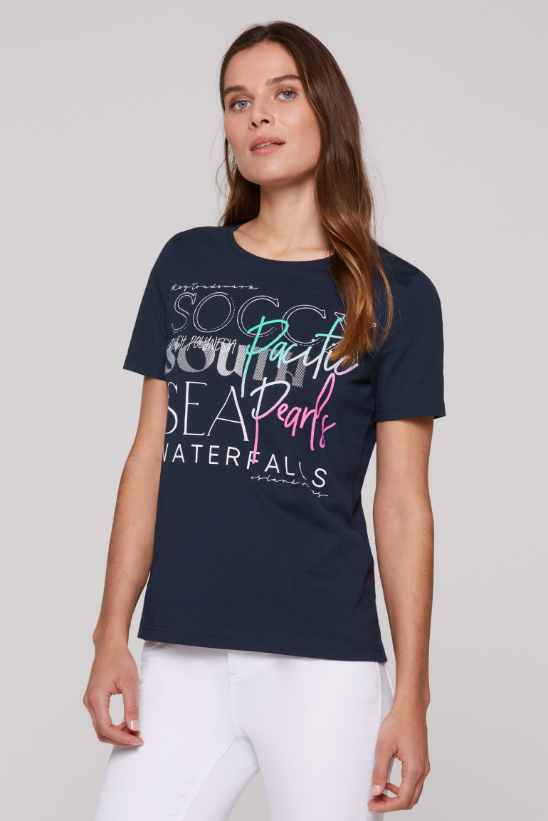 T-Shirt Rundhals mit Logo Print blue navy