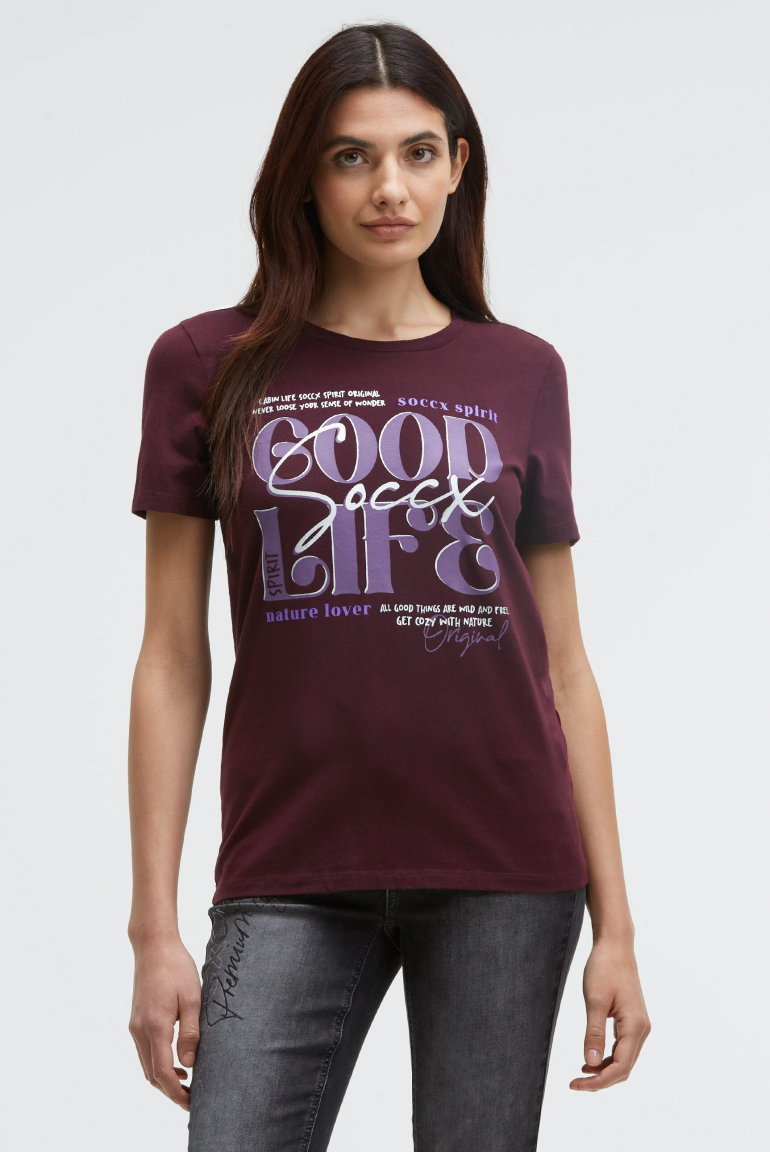 T-Shirt Rundhals mit Wording Print night plum