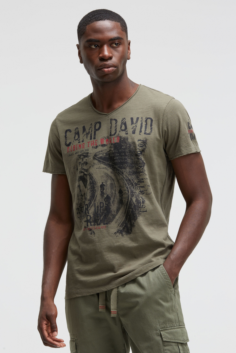 T-Shirt V-Neck im Used Look mit Photoprint vintage khaki
