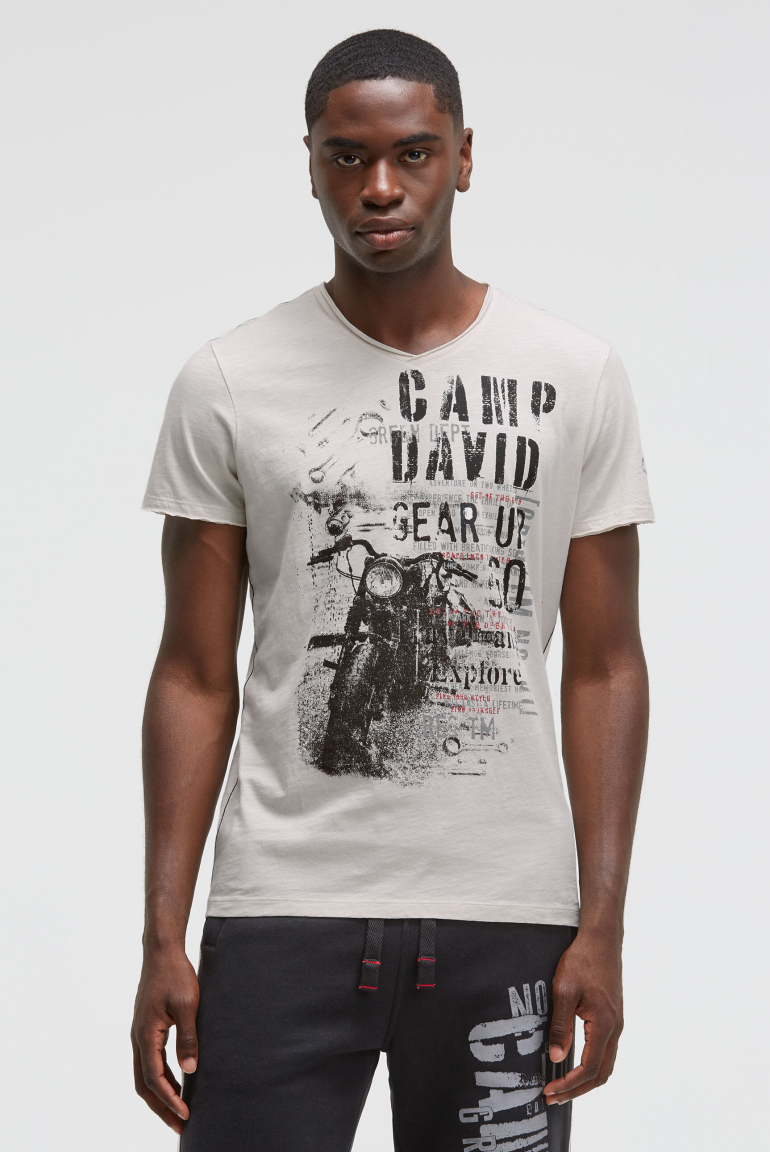 T-Shirt V-Neck im Used Look mit Photoprint ash