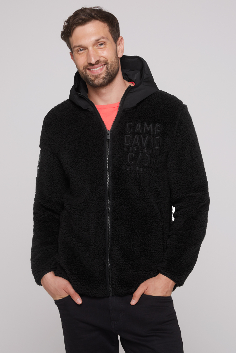 Teddyfleecejacke mit Ripstop-Kapuze und Stickereien black