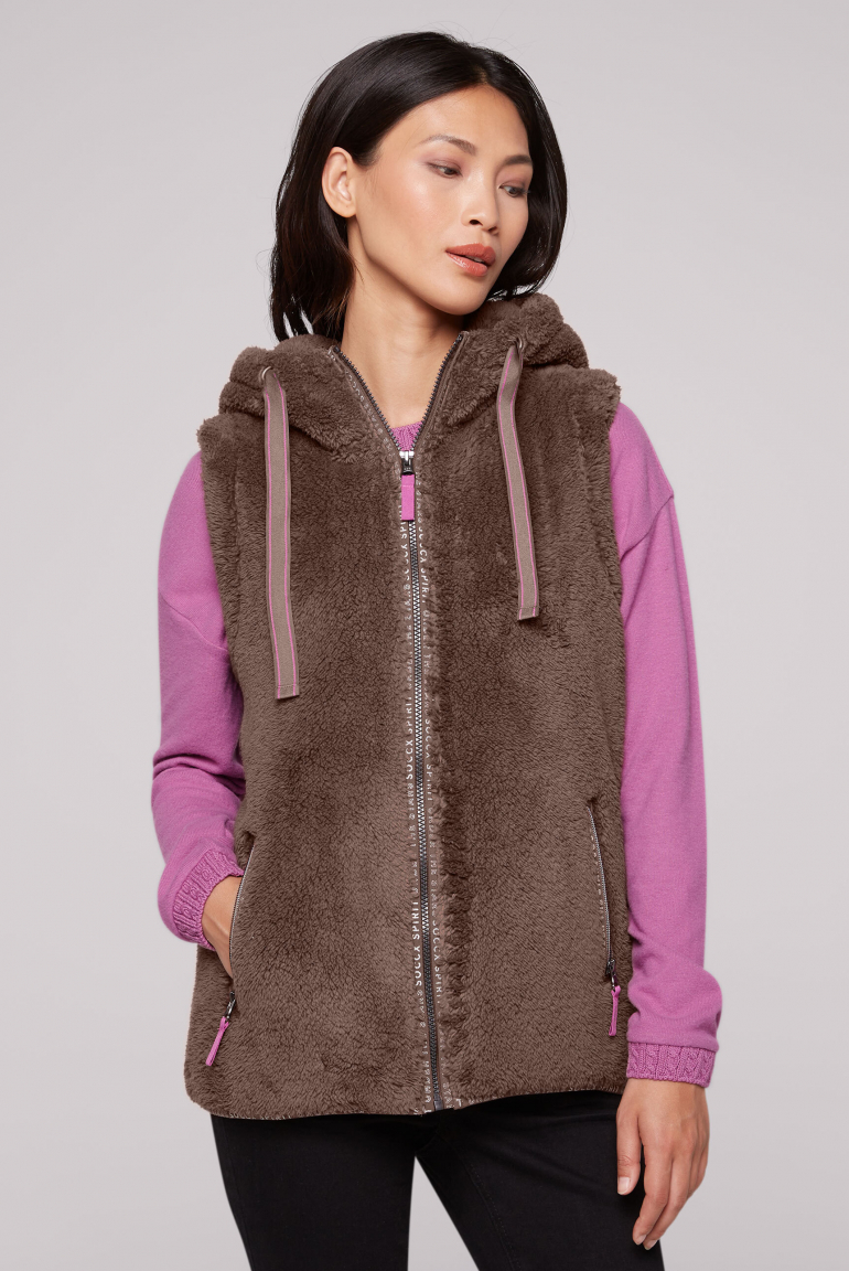 Weste im Sherpa-Look mit Kapuze dark mocha