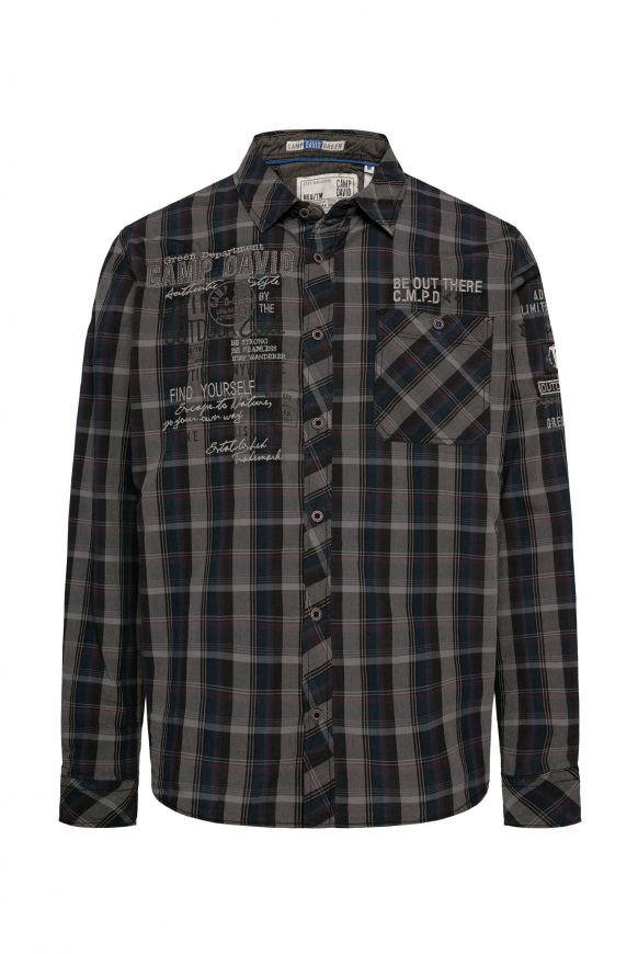 Camp David Herren Karohemd - Herringbone Flanell Hemd Regular Fit | Langarm Hemd Mit Artworks