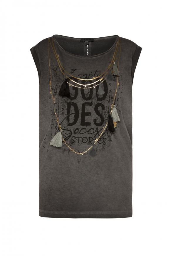 Ärmelloses Shirt mit Print und Quasten black