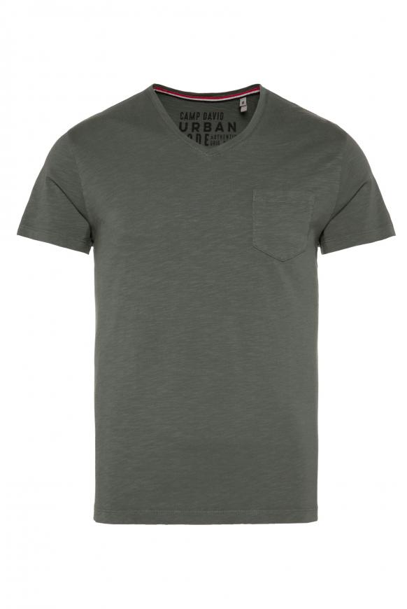 Basic T-Shirt mit V-Neck und Brusttasche dark olive