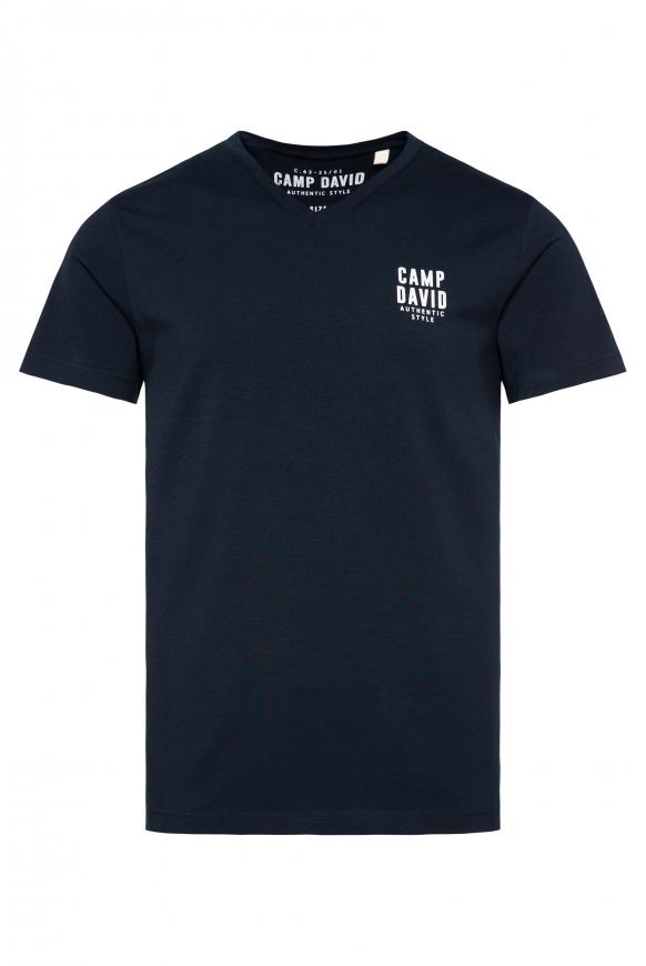Basic T-Shirt V-Neck mit Logo Print blue navy
