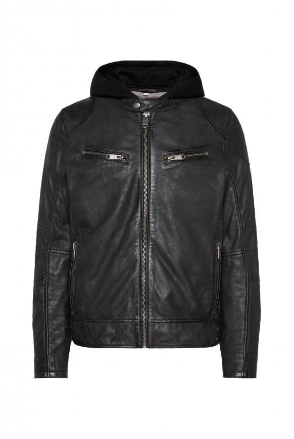 Bikerjacke aus Leder mit Kapuzeneinsatz black