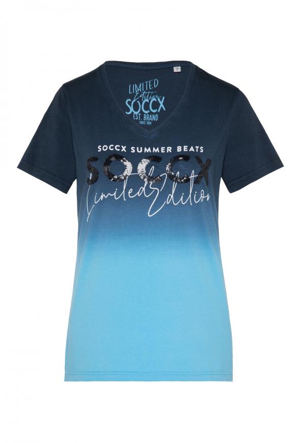 Dip Dye V-Shirt mit Pailletten-Logo blue navy / summer aqua