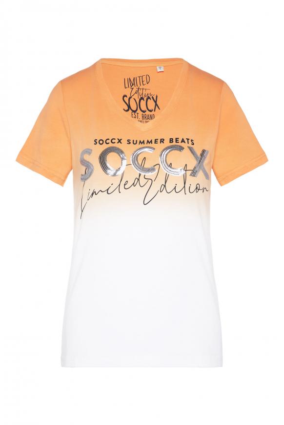 Dip Dye V-Shirt mit Pailletten-Logo orange peel / opticwhite
