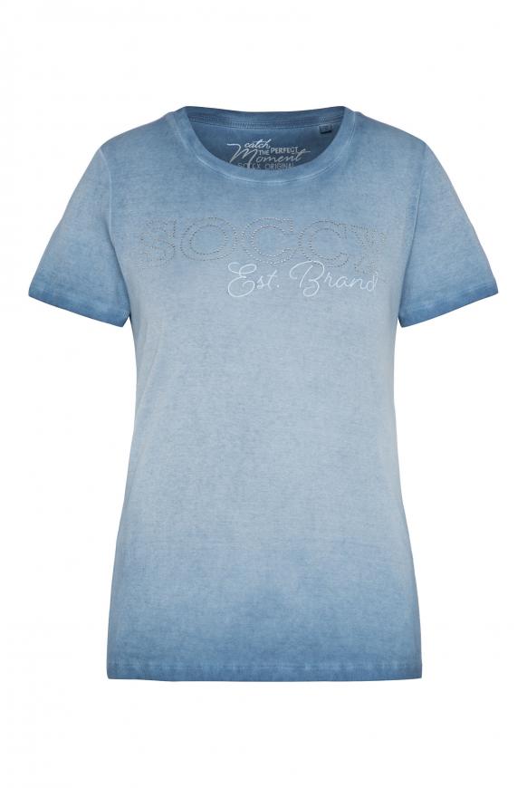 Geripptes T-Shirt mit Logo aus Schmucksteinen wave blue