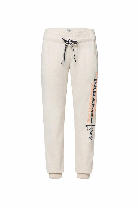 Jogginghose mit Doppelkordel und Print beige melange