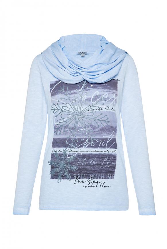 Langarmshirt mit drapierter Kapuze cool blue