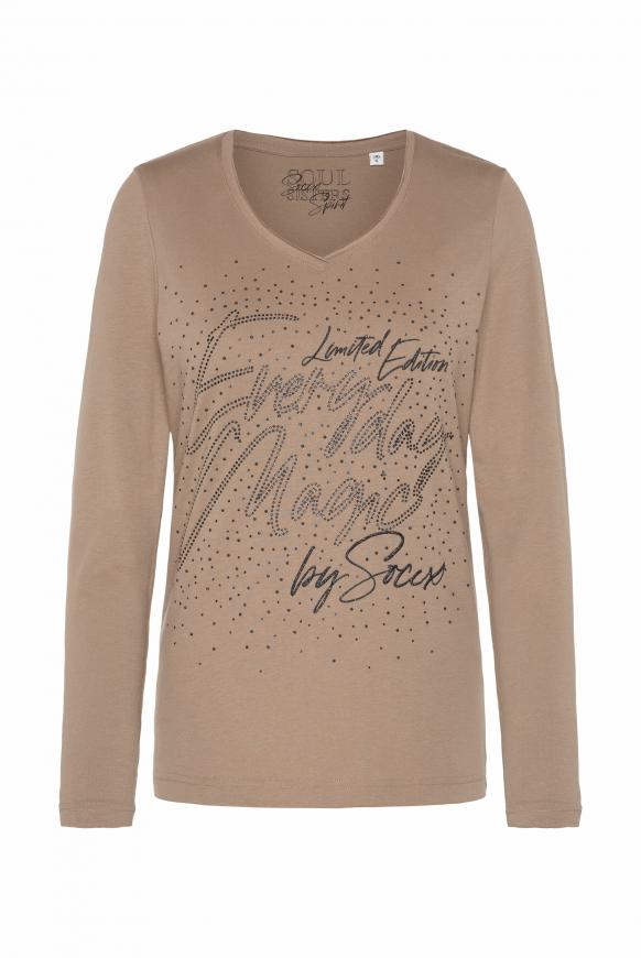 Langarmshirt mit Used-Kanten und Puff Print chestnut