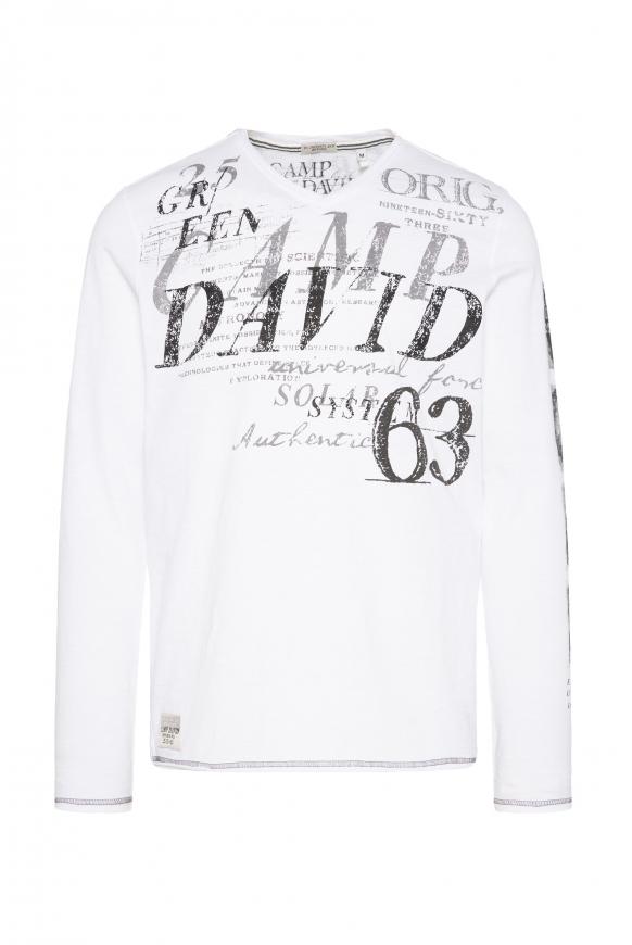 Langarmshirt mit V-Neck und Logo Prints opticwhite