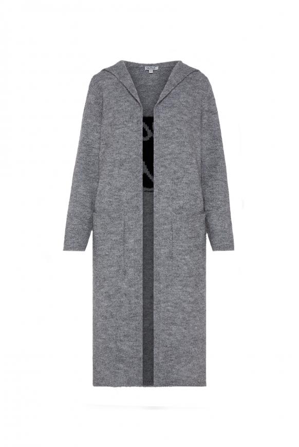 Langer Cardigan mit Kapuze und Logo dark ash melange