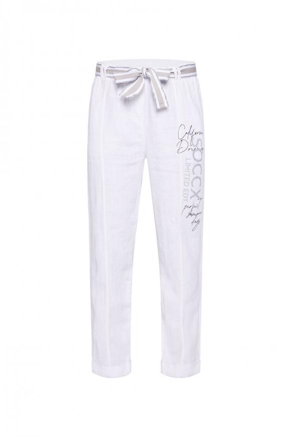 Leinenhose mit Bindegürtel und Logo Print opticwhite