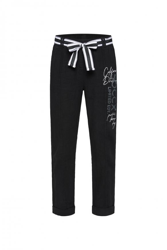 Leinenhose mit Bindegürtel und Logo Print black