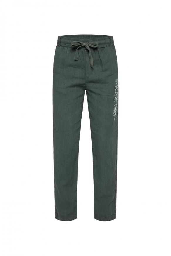 Leinenhose mit Seitentape und Label Print green leaf