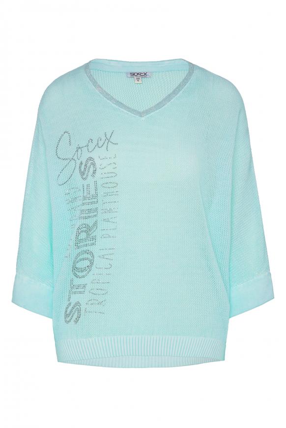 Mesh-Pullover mit Wording aus Glitzersteinen exotic aqua