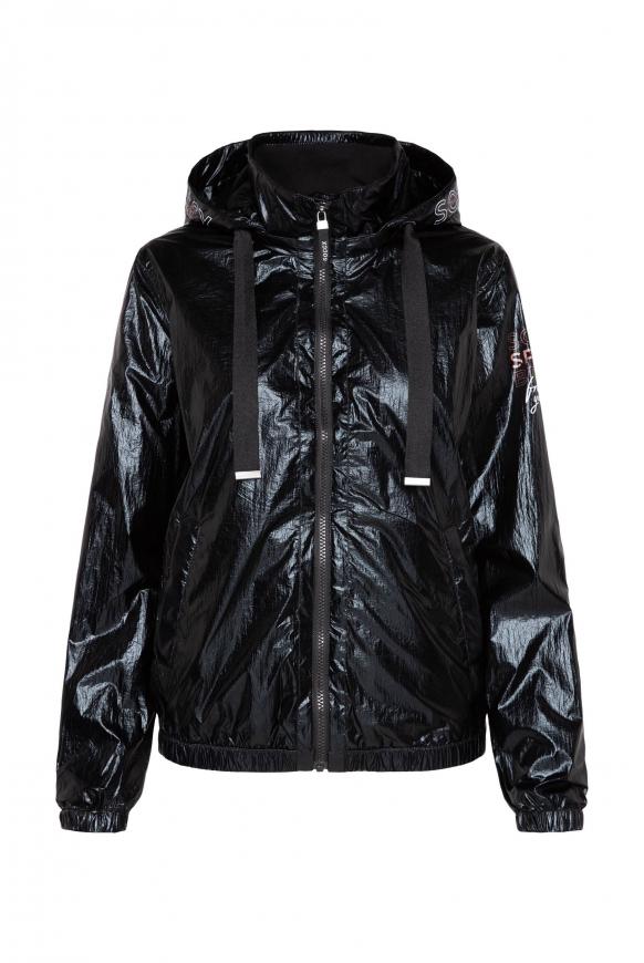 Metallic-Blouson mit Kapuze und Logo Prints black