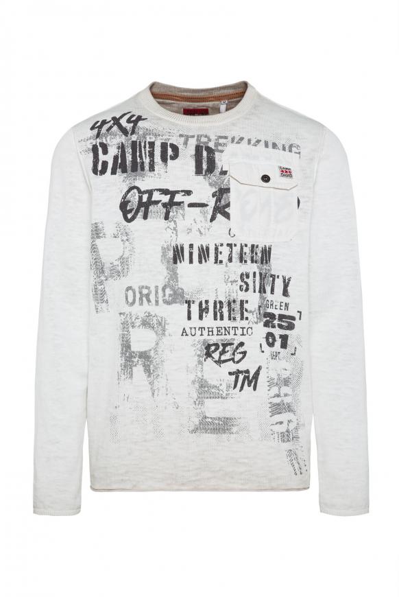 Pullover mit Used Look, Print und Tasche silvery